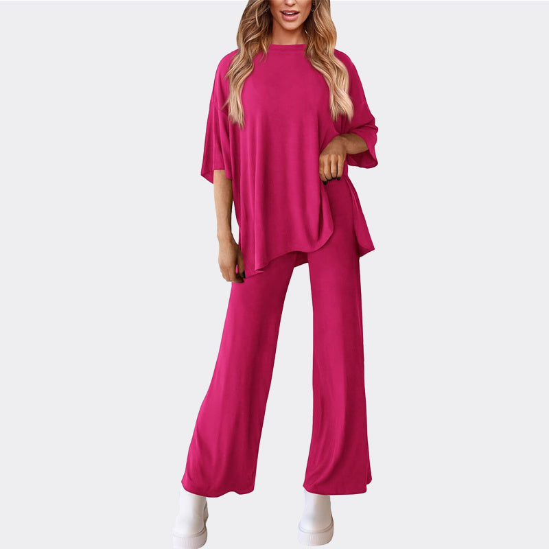 Women's 2 Piece Outfits Casual Short Sleeve Pullover Tops and Wide Leg Pants Lounge Sets Tracksuits