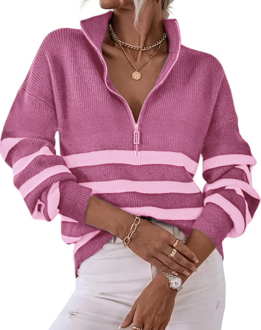 2025 Casual Long Sleeve Zipper Striped Pullover V Neck Ribbed Knitted Autumn and Winter Casual Pullover