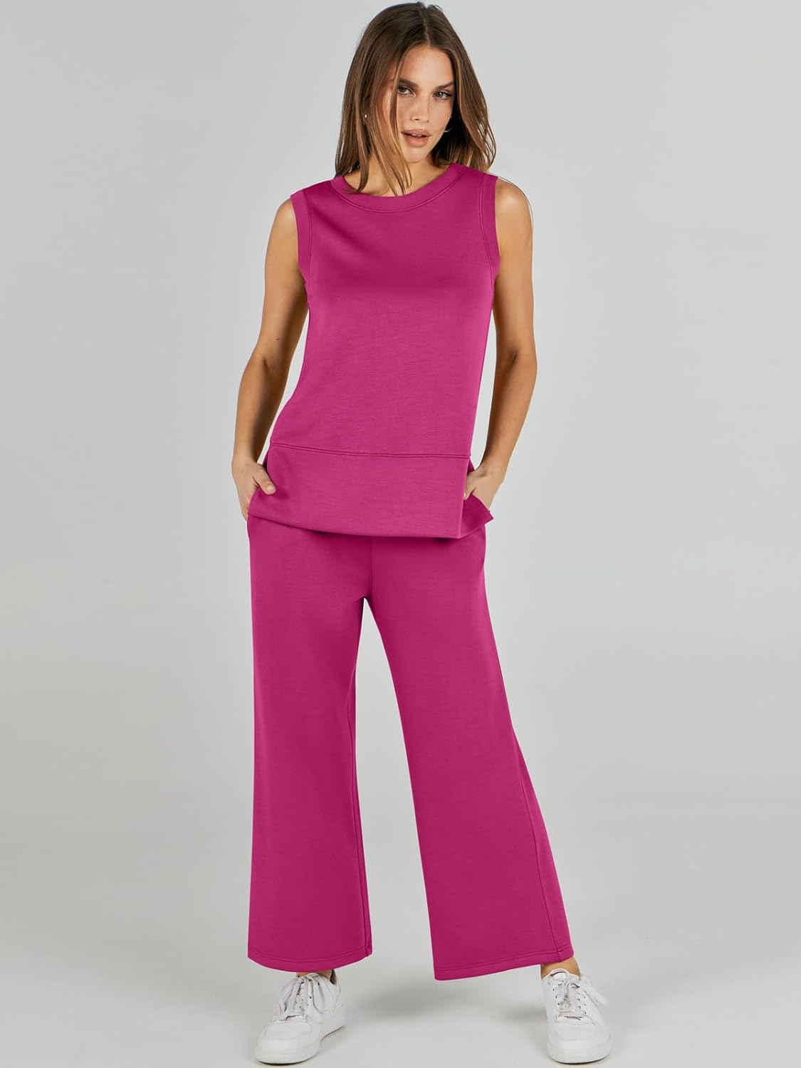 Women's 2 Piece Sets Summer Outfits Sleeveless Wide Leg Tracksuits Casual Sweat Sets Lounge Sweatsuits
