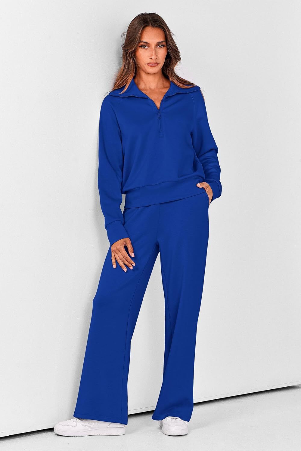 Women's 2 Piece Outfits Casual Lapel Half Zip Sweatshirts And Wide Leg Pants Tracksuit Sets