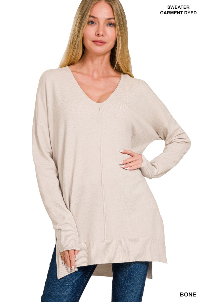 Hi-Low Hem V-Neck Center Seam Sweater (Multiple Colors)