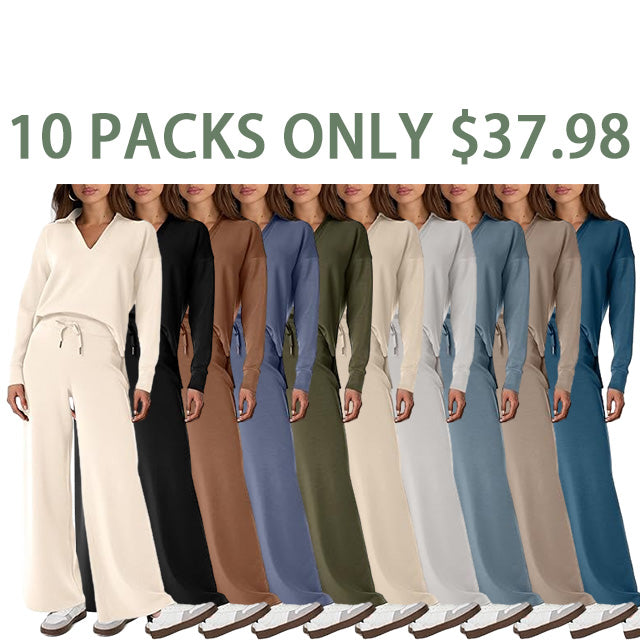 Women's 2 Piece Sets Outfits Casual Long Sleeve Sweatsuits Polo Top and Wide Leg Pants Matching Sets