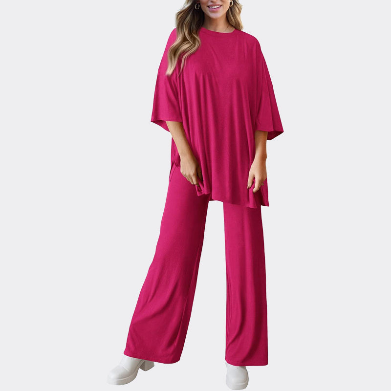 Women's 2 Piece Outfits Casual Short Sleeve Pullover Tops and Wide Leg Pants Lounge Sets Tracksuits