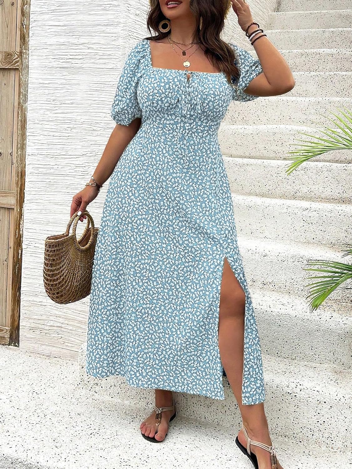 Women Plus Size Dress Puff Sleeve Floral Split A Line Maxi Dress Boho Tie Front Casual Beach Long Dresses
