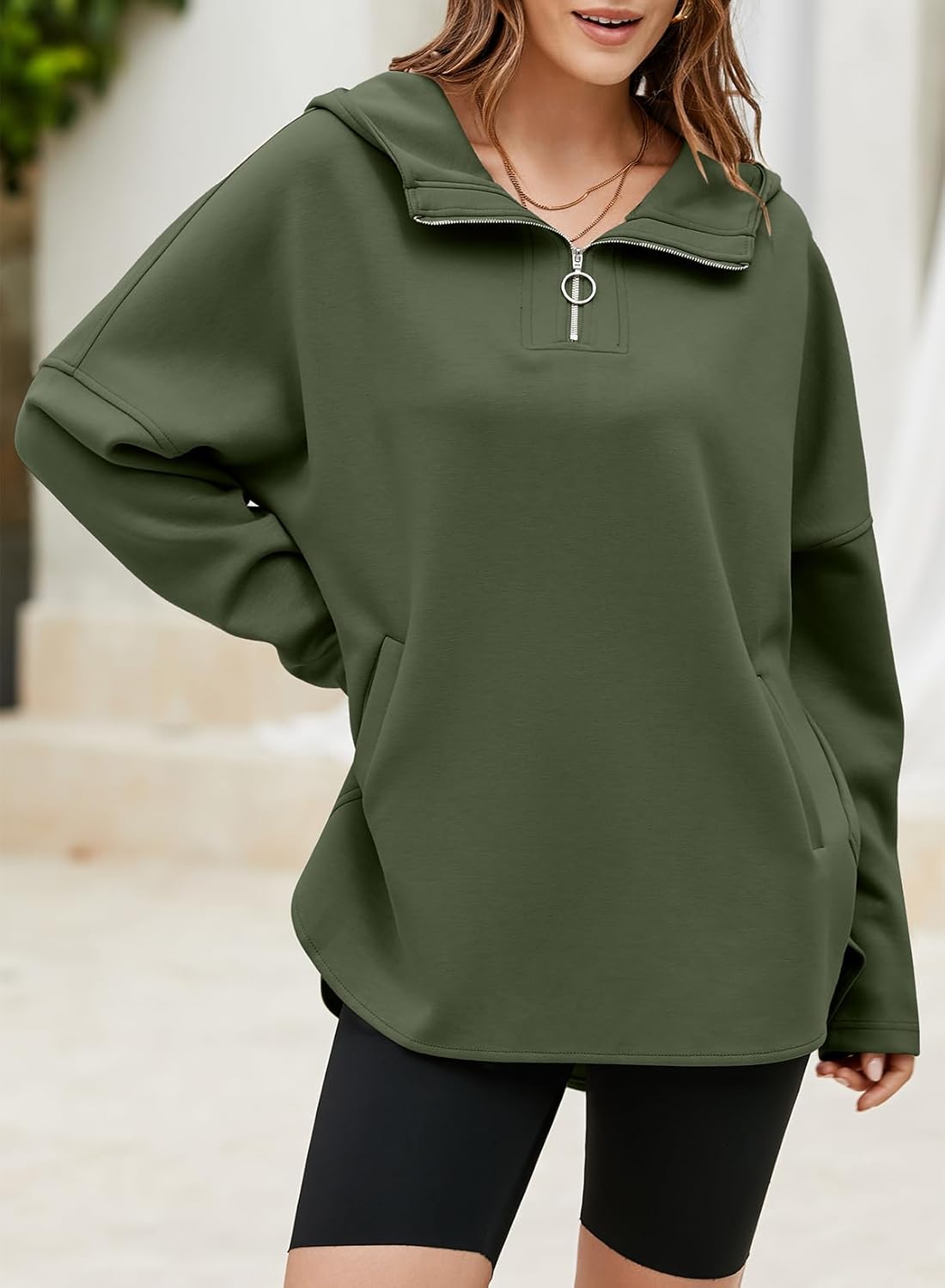 Women's Oversized Hoodies Casual Long Sleeve Half Zipper Pocket Sweatshirt Pullover Tops