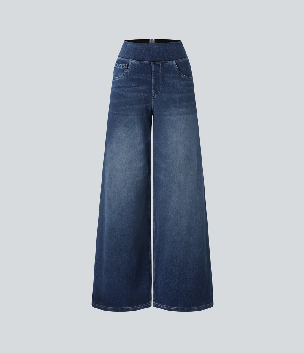 💝Last day promotion⚡High Waisted Multiple Pockets Baggy Wide Leg Washed Stretchy Knit Casual Jeans