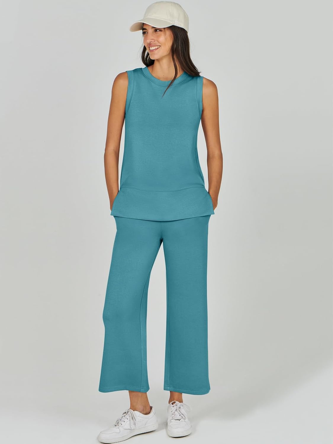 Women's 2 Piece Sets Summer Outfits Sleeveless Wide Leg Tracksuits Casual Sweat Sets Lounge Sweatsuits