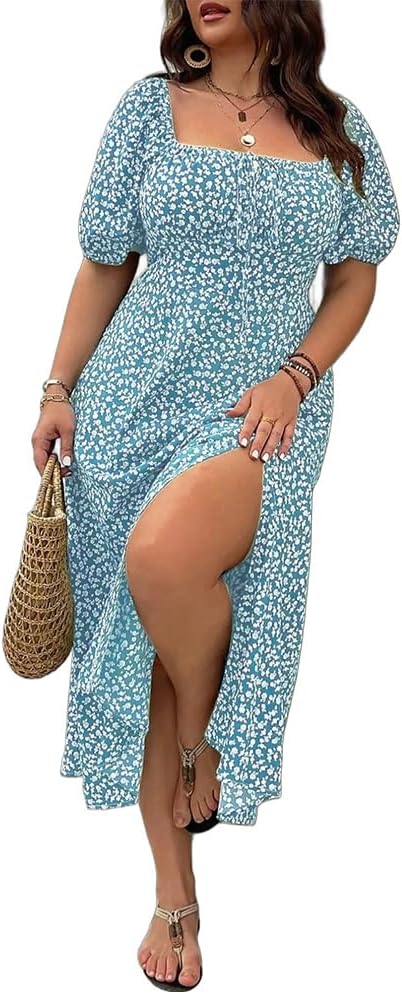 Women Plus Size Dress Puff Sleeve Floral Split A Line Maxi Dress Boho Tie Front Casual Beach Long Dresses