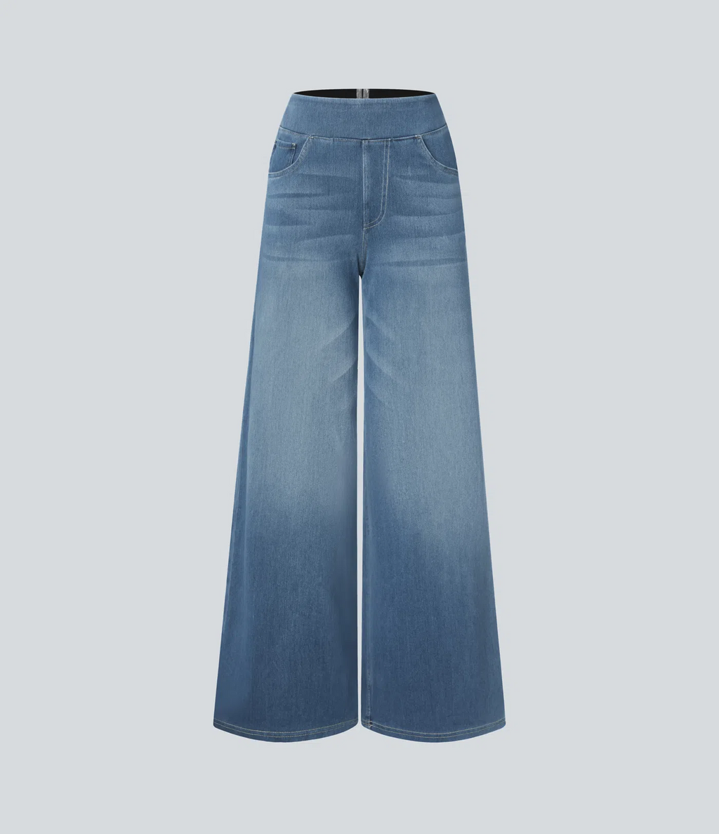 💝Last day promotion⚡High Waisted Multiple Pockets Baggy Wide Leg Washed Stretchy Knit Casual Jeans