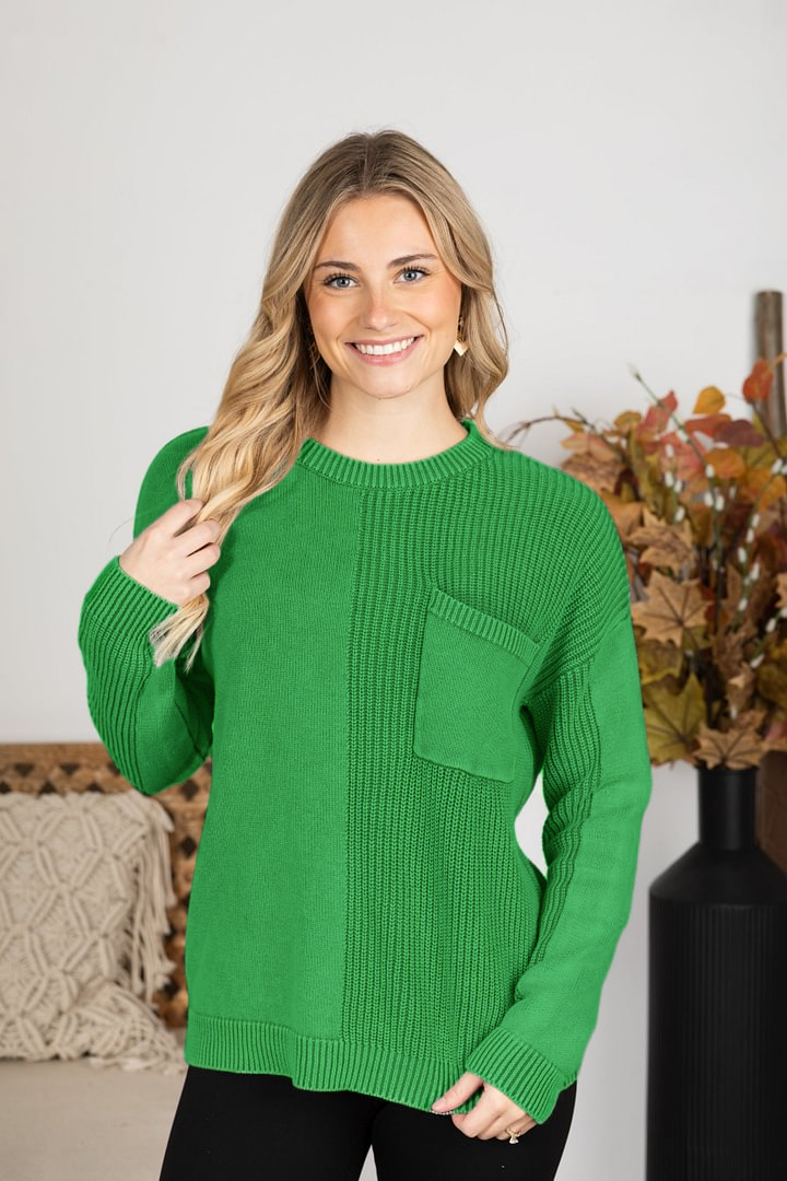 Washed Waffle Knit Sweater With Pocket