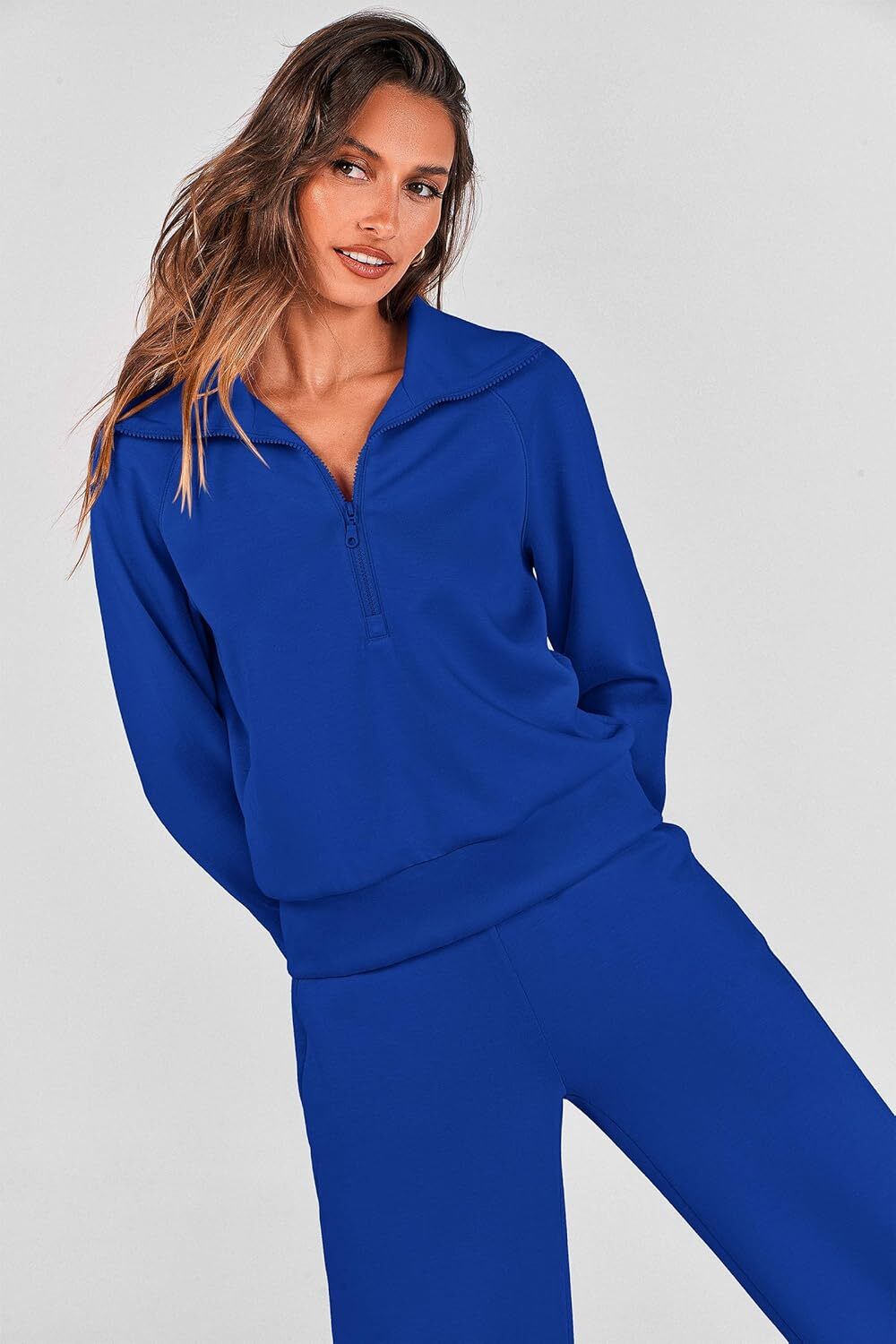 Women's 2 Piece Outfits Casual Lapel Half Zip Sweatshirts And Wide Leg Pants Tracksuit Sets
