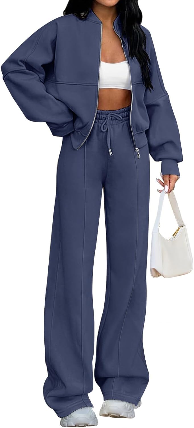 Christmas Deals Women's Fall 2 Piece Sweatsuits Set Long Sleeve Zip Up Sweatshirt Wide Leg Sweatpants Lounge Sets
