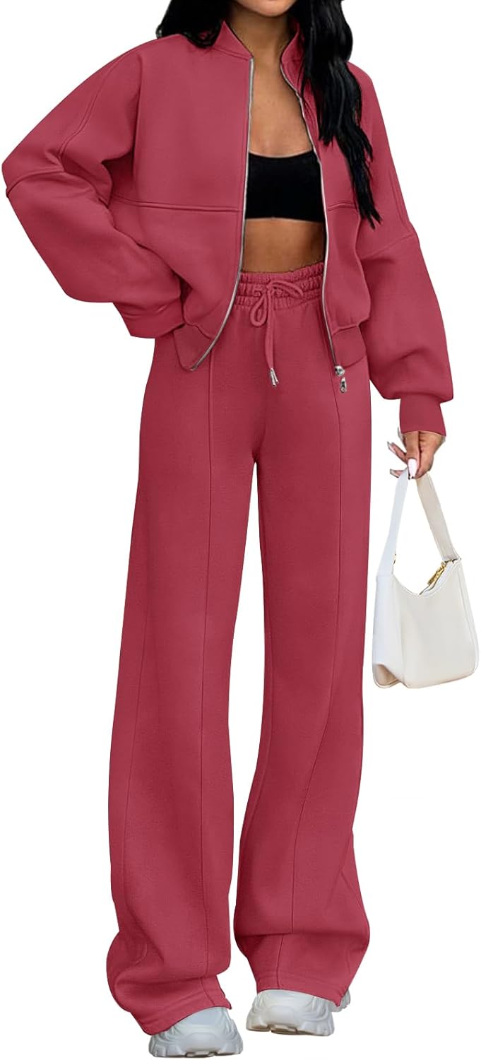 Christmas Deals Women's Fall 2 Piece Sweatsuits Set Long Sleeve Zip Up Sweatshirt Wide Leg Sweatpants Lounge Sets