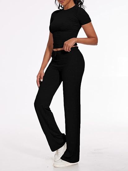 Women's 2 Piece Lounge Sets Fold-over Flare Pants Set Long Sleeve Crop
