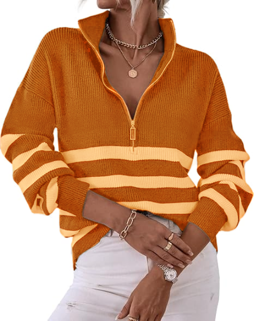 2025 Casual Long Sleeve Zipper Striped Pullover V Neck Ribbed Knitted Autumn and Winter Casual Pullover