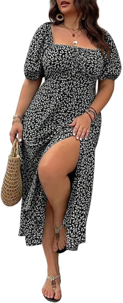 Women Plus Size Dress Puff Sleeve Floral Split A Line Maxi Dress Boho Tie Front Casual Beach Long Dresses