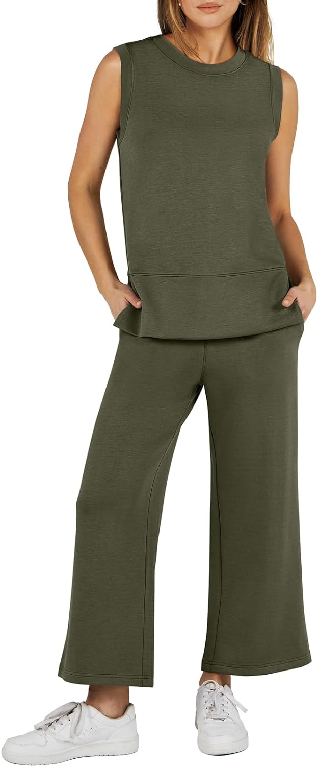 Women's 2 Piece Sets Summer Outfits Sleeveless Wide Leg Tracksuits Casual Sweat Sets Lounge Sweatsuits