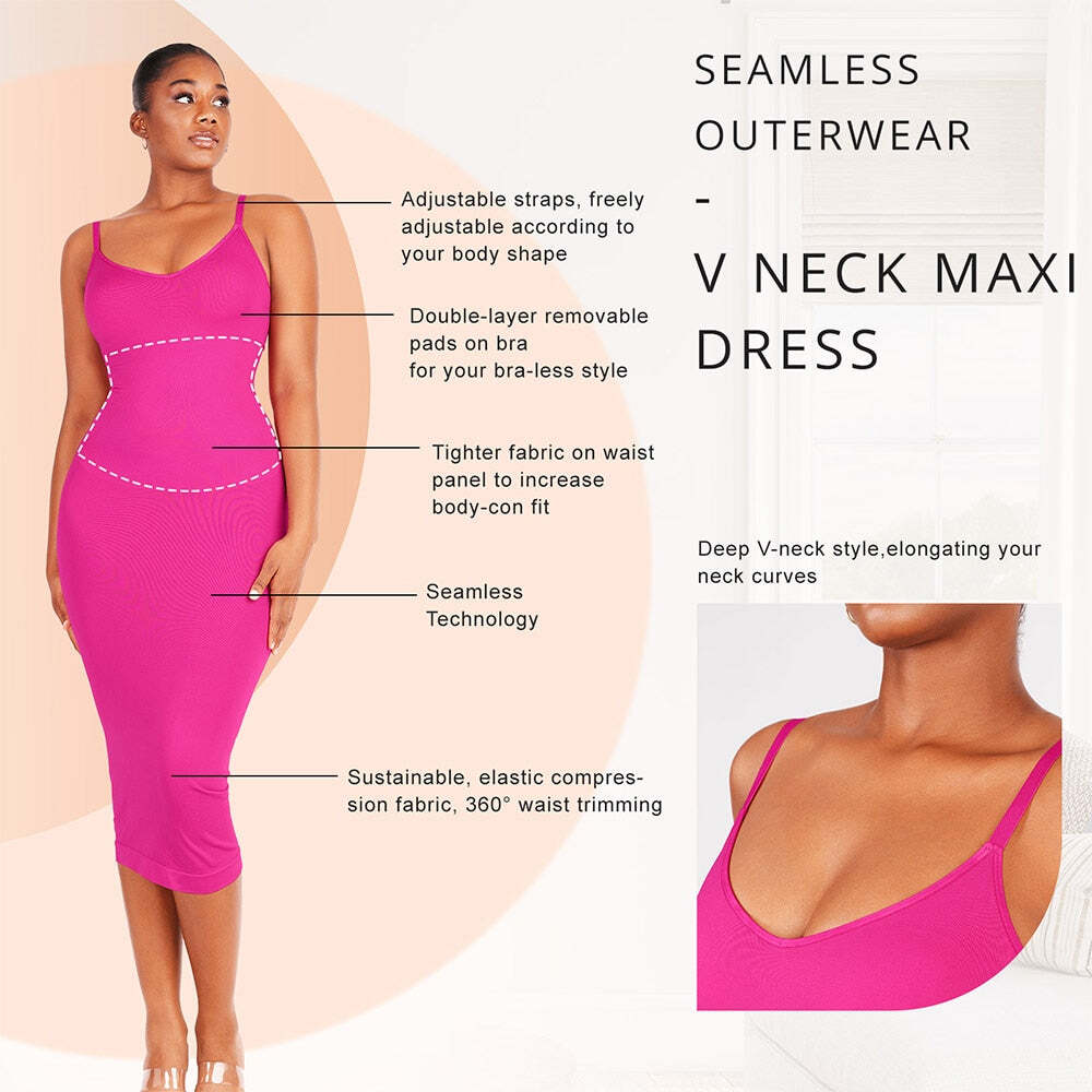 Seamless Spaghetti Strap V Neck Maxi Dress with Built-in Bodycon