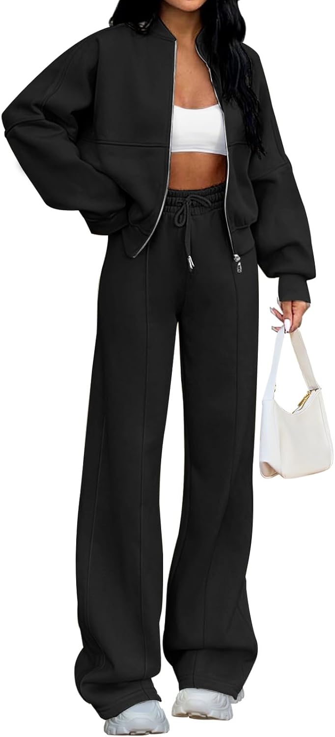 Christmas Deals Women's Fall 2 Piece Sweatsuits Set Long Sleeve Zip Up Sweatshirt Wide Leg Sweatpants Lounge Sets