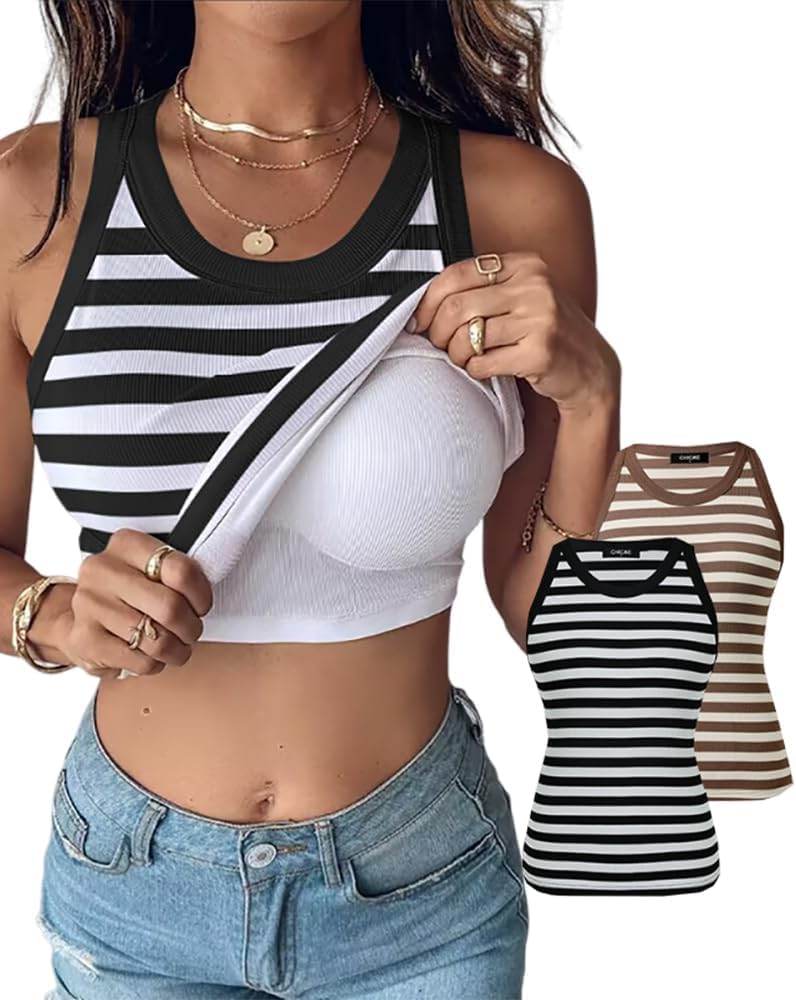 Women Built in Bra Ribbed Tank Tops Sleeveless Casual Tops