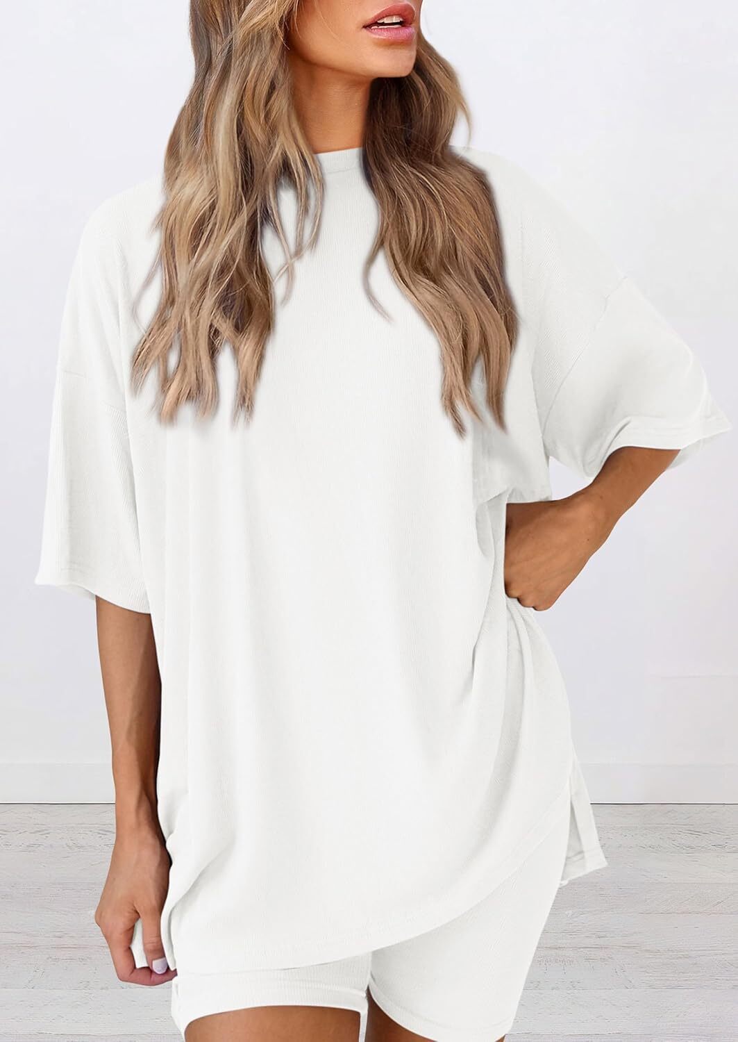 Women's Two Piece Lounge Set Casual Oversized Crewneck Tops and High Waisted Shorts Set
