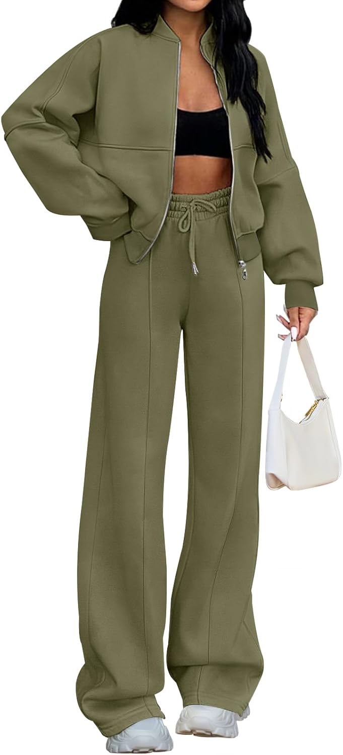 Christmas Deals Women's Fall 2 Piece Sweatsuits Set Long Sleeve Zip Up Sweatshirt Wide Leg Sweatpants Lounge Sets