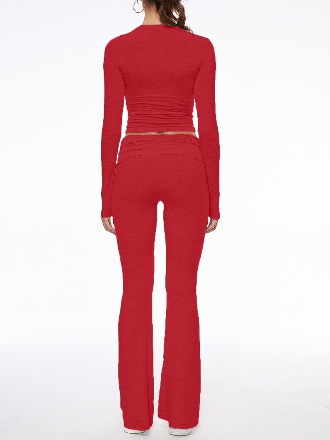 Women's 2 Piece Lounge Sets Fold-over Flare Pants Set Long Sleeve Crop