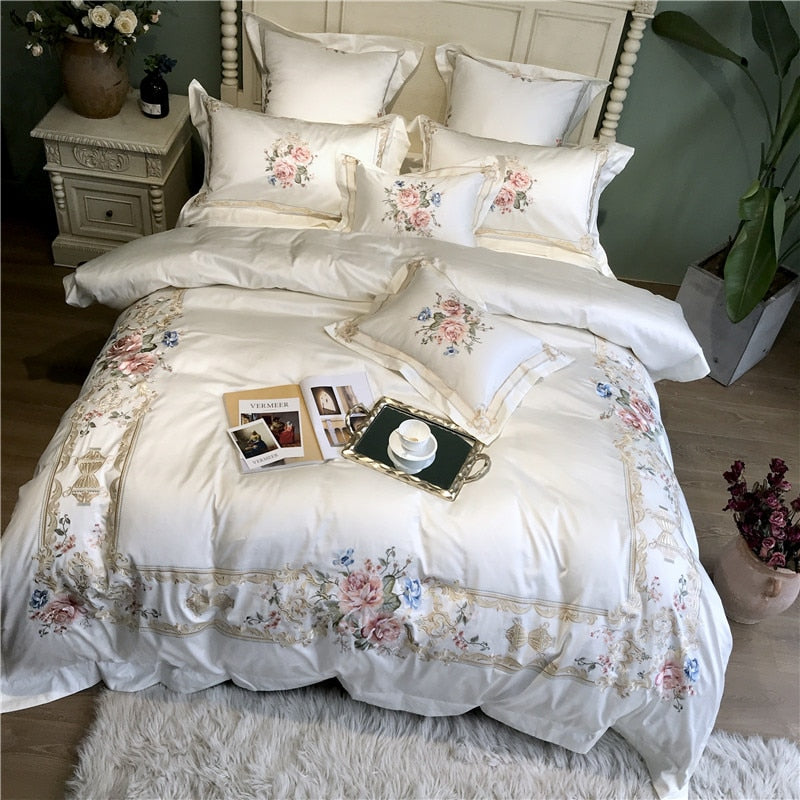 White Blue Pink Luxury Flowers Embroidery 100S/1000TC Egyptian Cotton Palace Bedding Set Duvet Cover Bed sheet/Linen Pillowcases