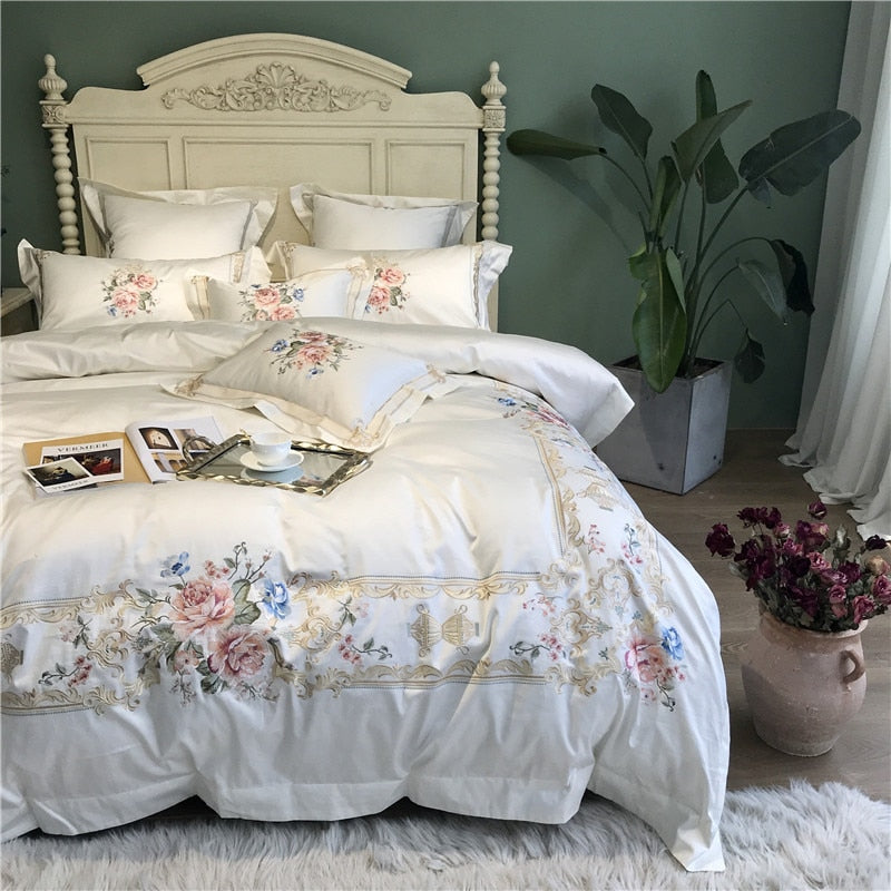 White Blue Pink Luxury Flowers Embroidery 100S/1000TC Egyptian Cotton Palace Bedding Set Duvet Cover Bed sheet/Linen Pillowcases